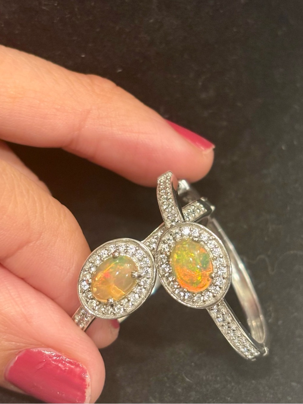 925 Sterling Silver Genuine Opal with White Zircon Hoop Earrings